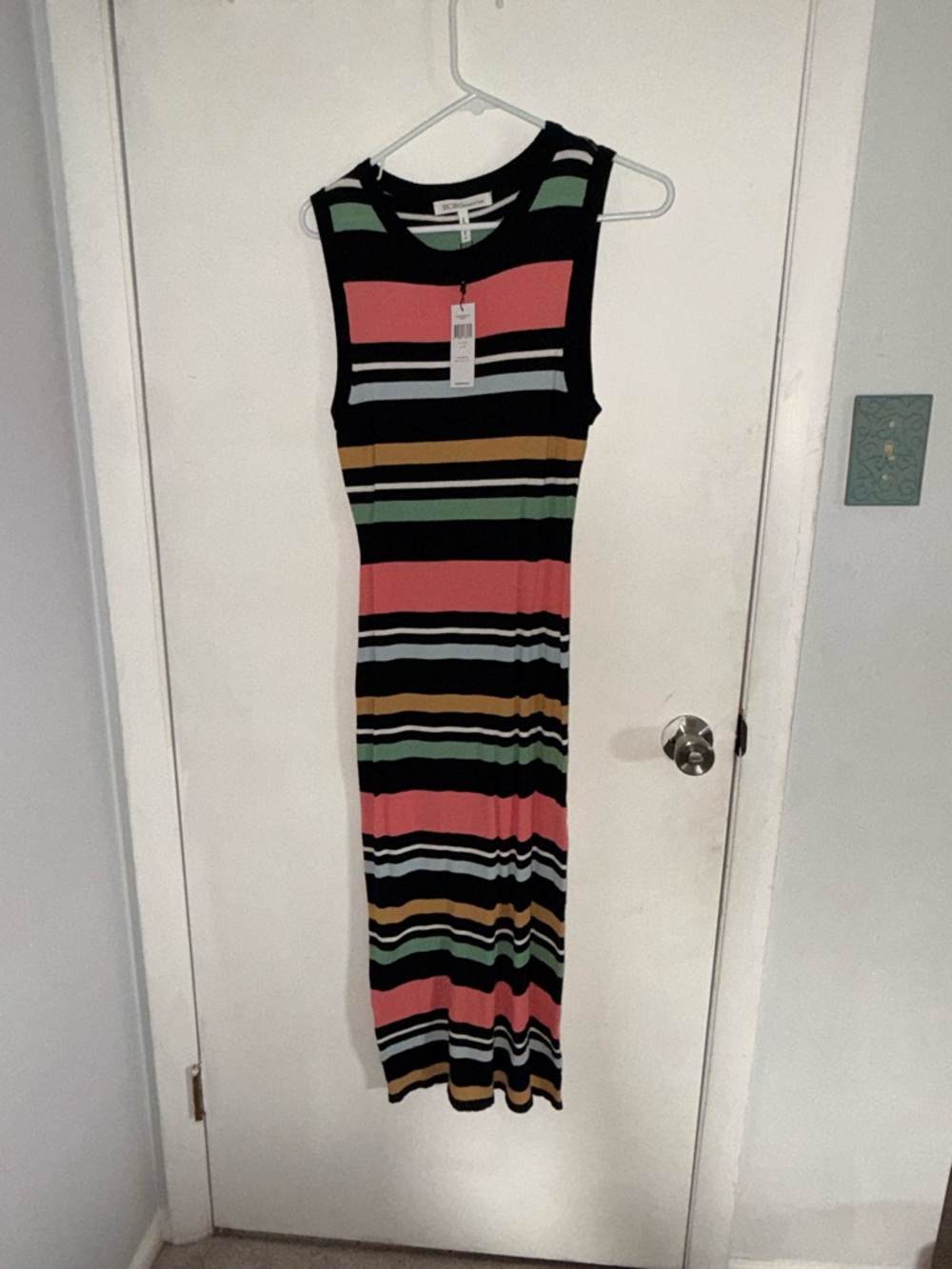BCBG Generation Sleeveless Striped Maxi Dress in Coral, Black & Green
